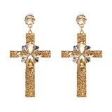 Over-sized Jeweled Cross Drop Earrings